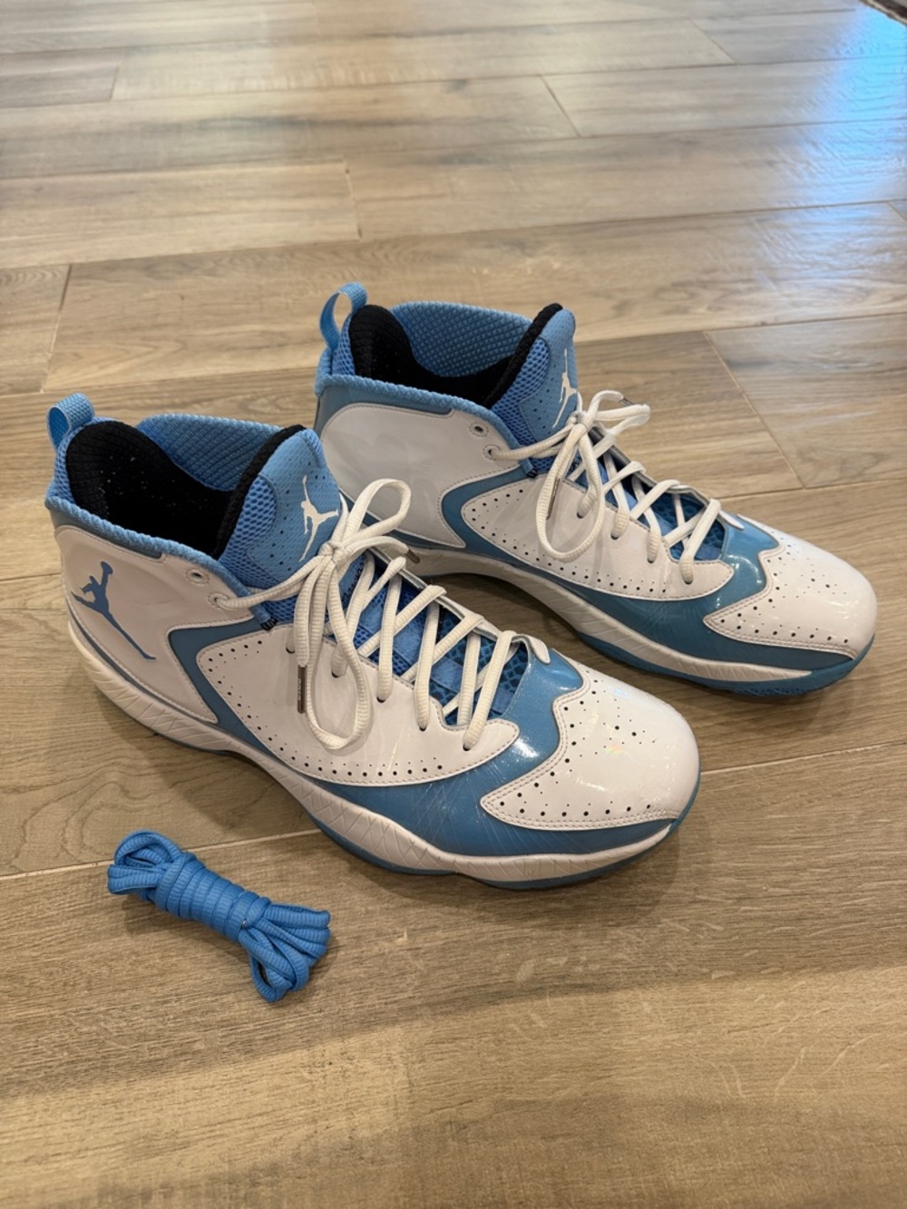 Jordan High-Top Basketball Sneakers in White and Carolina Blue - NikeID Size 15
